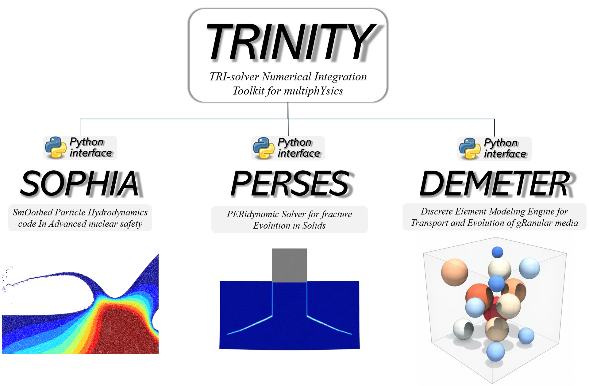TRINITY architecture connecting the SOPHIA, PERSES, and DEMETER solvers through Python interfaces